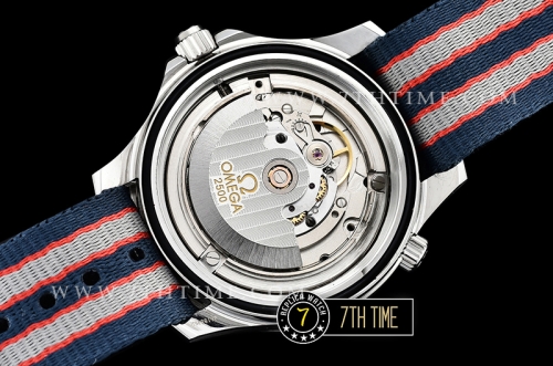 Seamaster Diver 300m 007 James Bond 50th Black Ceramic with Red "50" Bezel Black Dial with Dot Markers with Special 007 Motif Special Omega Commander Limited Edition Nylon Strap