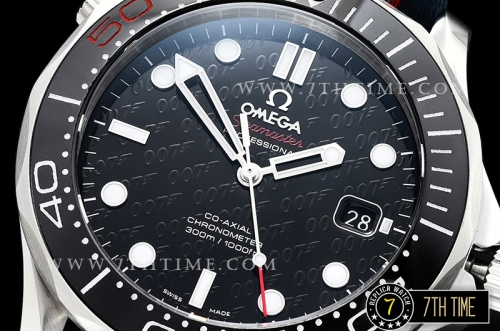 Seamaster Diver 300m 007 James Bond 50th Black Ceramic with Red "50" Bezel Black Dial with Dot Markers with Special 007 Motif Special Omega Commander Limited Edition Nylon Strap