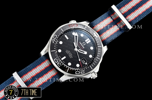 Seamaster Diver 300m 007 James Bond 50th Black Ceramic with Red "50" Bezel Black Dial with Dot Markers with Special 007 Motif Special Omega Commander Limited Edition Nylon Strap