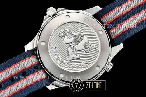 Seamaster Diver 300m 007 James Bond 50th Black Ceramic with Red "50" Bezel Black Dial with Dot Markers with Special 007 Motif Special Omega Commander Limited Edition Nylon Strap
