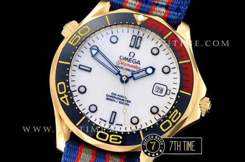 Seamaster Commander 007 18K Yellow Gold Thick Plated on SS Steel Case Ceramic Bezel White Commander Series Dial with Blue Hands & 007 Insignia Seconds Hand NATO Commander Nylon Strap