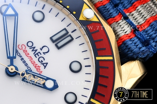 Seamaster Commander 007 18K Yellow Gold Thick Plated on SS Steel Case Ceramic Bezel White Commander Series Dial with Blue Hands & 007 Insignia Seconds Hand NATO Commander Nylon Strap