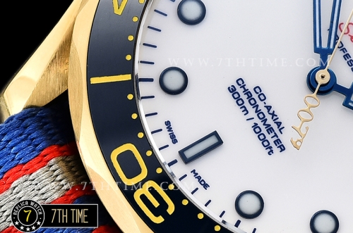 Seamaster Commander 007 18K Yellow Gold Thick Plated on SS Steel Case Ceramic Bezel White Commander Series Dial with Blue Hands & 007 Insignia Seconds Hand NATO Commander Nylon Strap