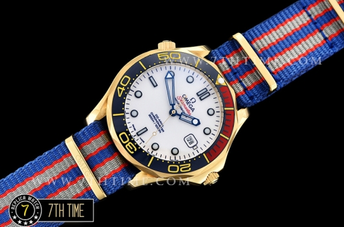 Seamaster Commander 007 18K Yellow Gold Thick Plated on SS Steel Case Ceramic Bezel White Commander Series Dial with Blue Hands & 007 Insignia Seconds Hand NATO Commander Nylon Strap