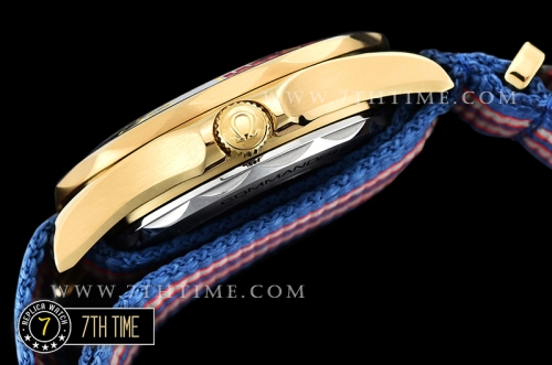 Seamaster Commander 007 18K Yellow Gold Thick Plated on SS Steel Case Ceramic Bezel White Commander Series Dial with Blue Hands & 007 Insignia Seconds Hand NATO Commander Nylon Strap