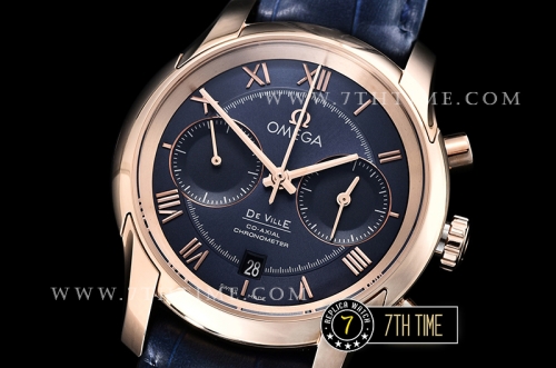 De Ville Chronograph Rose Gold Plated Smooth Bezel Blue Dial, Blue Subdials with Rose Gold Roman Numeral Markers Blue Croc Print Calf Leather Strap