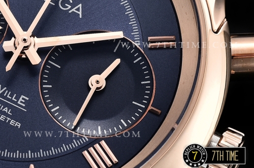 De Ville Chronograph Rose Gold Plated Smooth Bezel Blue Dial, Blue Subdials with Rose Gold Roman Numeral Markers Blue Croc Print Calf Leather Strap