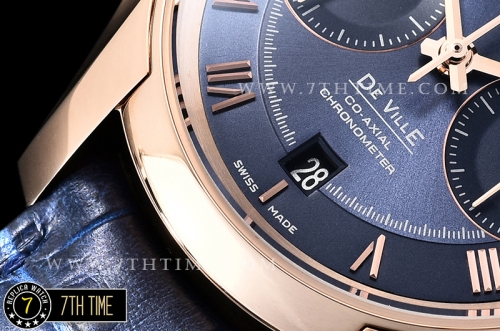 De Ville Chronograph Rose Gold Plated Smooth Bezel Blue Dial, Blue Subdials with Rose Gold Roman Numeral Markers Blue Croc Print Calf Leather Strap