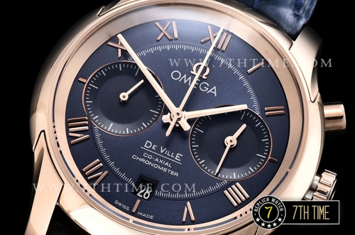 De Ville Chronograph Rose Gold Plated Smooth Bezel Blue Dial, Blue Subdials with Rose Gold Roman Numeral Markers Blue Croc Print Calf Leather Strap