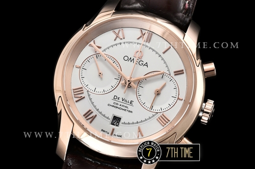 De Ville Chronograph Rose Gold Plated Smooth Bezel White Dial, White Subdials with Rose Gold Roman Numeral Markers Brown Croc Print Calf Leather Strap