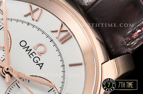 De Ville Chronograph Rose Gold Plated Smooth Bezel White Dial, White Subdials with Rose Gold Roman Numeral Markers Brown Croc Print Calf Leather Strap