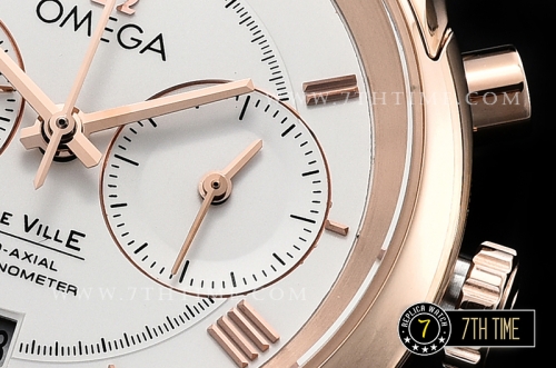 De Ville Chronograph Rose Gold Plated Smooth Bezel White Dial, White Subdials with Rose Gold Roman Numeral Markers Brown Croc Print Calf Leather Strap