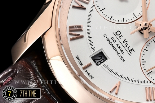De Ville Chronograph Rose Gold Plated Smooth Bezel White Dial, White Subdials with Rose Gold Roman Numeral Markers Brown Croc Print Calf Leather Strap