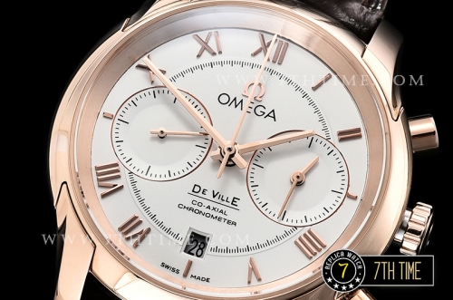 De Ville Chronograph Rose Gold Plated Smooth Bezel White Dial, White Subdials with Rose Gold Roman Numeral Markers Brown Croc Print Calf Leather Strap