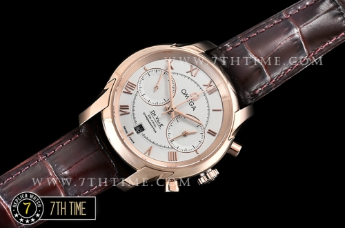 De Ville Chronograph Rose Gold Plated Smooth Bezel White Dial, White Subdials with Rose Gold Roman Numeral Markers Brown Croc Print Calf Leather Strap