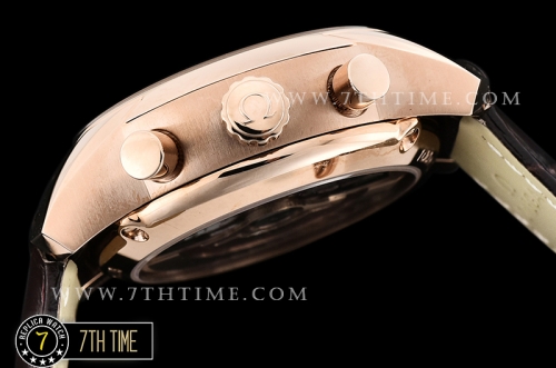 De Ville Chronograph Rose Gold Plated Smooth Bezel White Dial, White Subdials with Rose Gold Roman Numeral Markers Brown Croc Print Calf Leather Strap