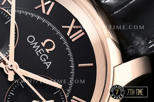 De Ville Chronograph Rose Gold Plated Smooth Bezel Black Dial, Black Subdials with Rose Gold Roman Numeral Markers Black Croc Print Calf Leather Strap