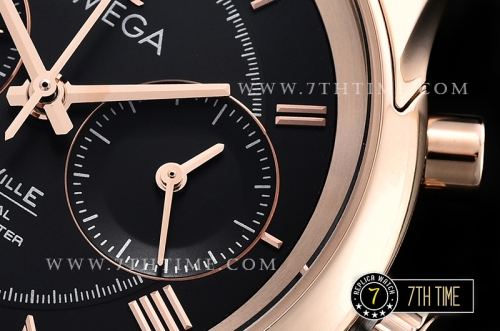 De Ville Chronograph Rose Gold Plated Smooth Bezel Black Dial, Black Subdials with Rose Gold Roman Numeral Markers Black Croc Print Calf Leather Strap