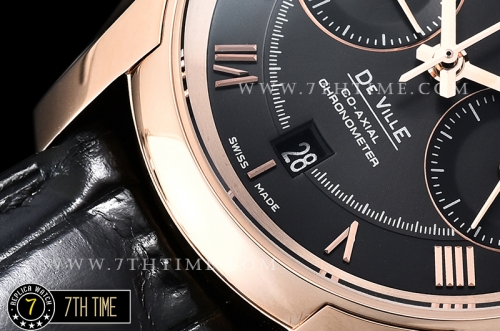 De Ville Chronograph Rose Gold Plated Smooth Bezel Black Dial, Black Subdials with Rose Gold Roman Numeral Markers Black Croc Print Calf Leather Strap