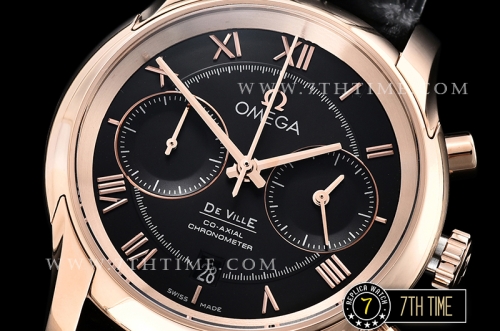 De Ville Chronograph Rose Gold Plated Smooth Bezel Black Dial, Black Subdials with Rose Gold Roman Numeral Markers Black Croc Print Calf Leather Strap