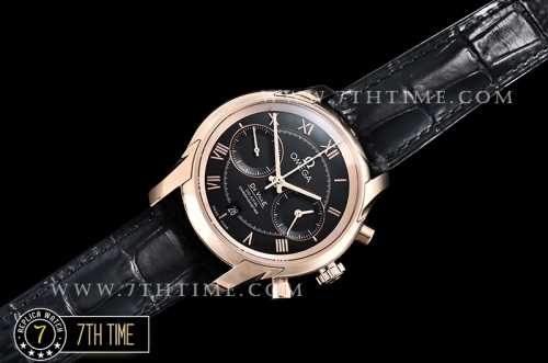 De Ville Chronograph Rose Gold Plated Smooth Bezel Black Dial, Black Subdials with Rose Gold Roman Numeral Markers Black Croc Print Calf Leather Strap