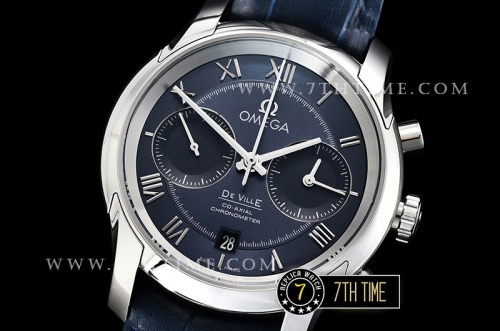 De Ville Chronograph Smooth Bezel Blue Dial, Blue Subdials with SS Roman Numeral Markers Blue Croc Print Calf Leather Strap