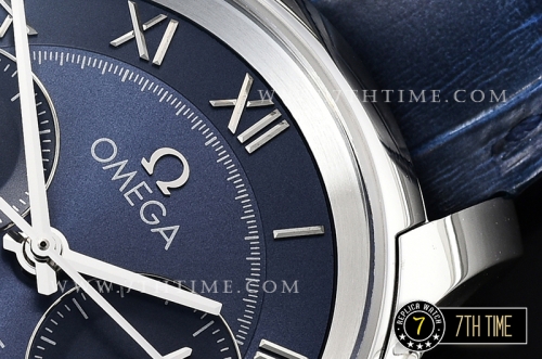 De Ville Chronograph Smooth Bezel Blue Dial, Blue Subdials with SS Roman Numeral Markers Blue Croc Print Calf Leather Strap