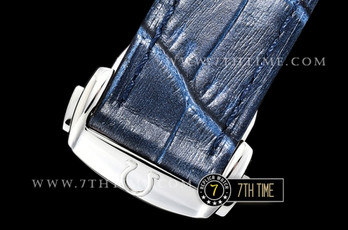 De Ville Chronograph Smooth Bezel Blue Dial, Blue Subdials with SS Roman Numeral Markers Blue Croc Print Calf Leather Strap