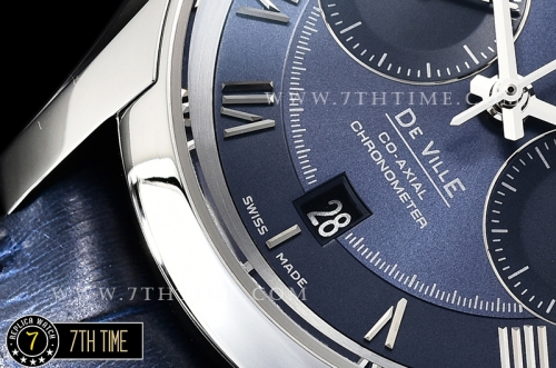 De Ville Chronograph Smooth Bezel Blue Dial, Blue Subdials with SS Roman Numeral Markers Blue Croc Print Calf Leather Strap