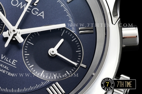 De Ville Chronograph Smooth Bezel Blue Dial, Blue Subdials with SS Roman Numeral Markers Blue Croc Print Calf Leather Strap