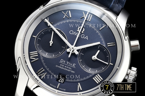 De Ville Chronograph Smooth Bezel Blue Dial, Blue Subdials with SS Roman Numeral Markers Blue Croc Print Calf Leather Strap