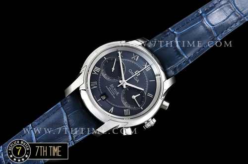 De Ville Chronograph Smooth Bezel Blue Dial, Blue Subdials with SS Roman Numeral Markers Blue Croc Print Calf Leather Strap
