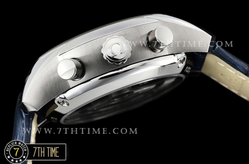 De Ville Chronograph Smooth Bezel Blue Dial, Blue Subdials with SS Roman Numeral Markers Blue Croc Print Calf Leather Strap