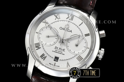 De Ville Chronograph Smooth Bezel White Dial, White Subdials with SS Roman Numeral Markers Brown Croc Print Calf Leather Strap
