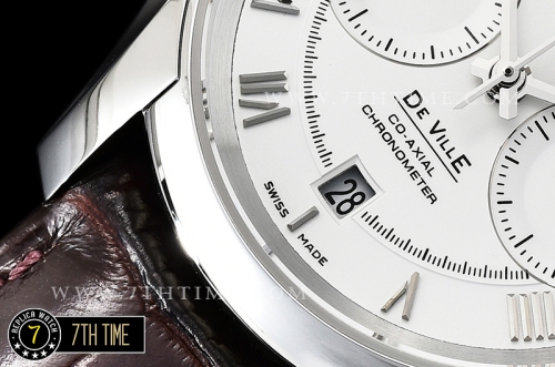 De Ville Chronograph Smooth Bezel White Dial, White Subdials with SS Roman Numeral Markers Brown Croc Print Calf Leather Strap