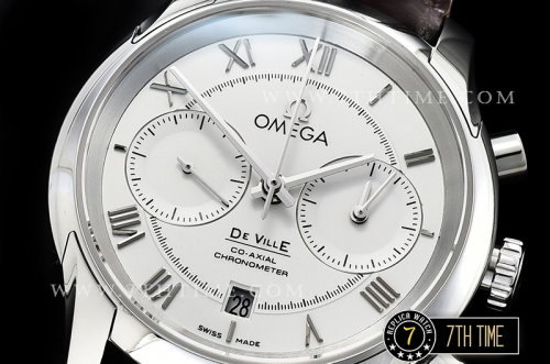 De Ville Chronograph Smooth Bezel White Dial, White Subdials with SS Roman Numeral Markers Brown Croc Print Calf Leather Strap