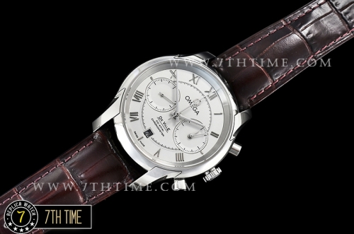 De Ville Chronograph Smooth Bezel White Dial, White Subdials with SS Roman Numeral Markers Brown Croc Print Calf Leather Strap
