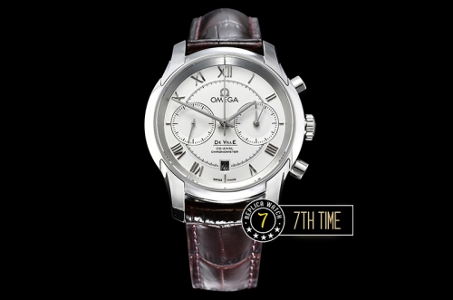 De Ville Chronograph Smooth Bezel White Dial, White Subdials with SS Roman Numeral Markers Brown Croc Print Calf Leather Strap