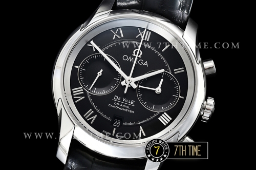De Ville Chronograph Smooth Bezel Black Dial, Black Subdials with SS Roman Numeral Markers Black Croc Print Calf Leather Strap