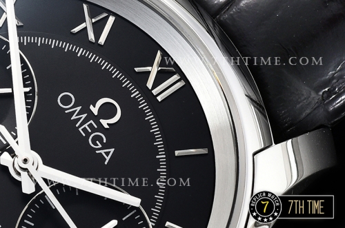 De Ville Chronograph Smooth Bezel Black Dial, Black Subdials with SS Roman Numeral Markers Black Croc Print Calf Leather Strap
