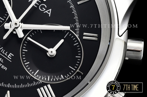 De Ville Chronograph Smooth Bezel Black Dial, Black Subdials with SS Roman Numeral Markers Black Croc Print Calf Leather Strap