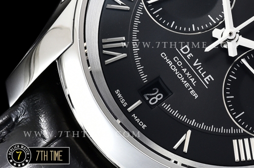 De Ville Chronograph Smooth Bezel Black Dial, Black Subdials with SS Roman Numeral Markers Black Croc Print Calf Leather Strap