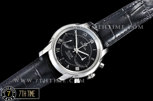 De Ville Chronograph Smooth Bezel Black Dial, Black Subdials with SS Roman Numeral Markers Black Croc Print Calf Leather Strap