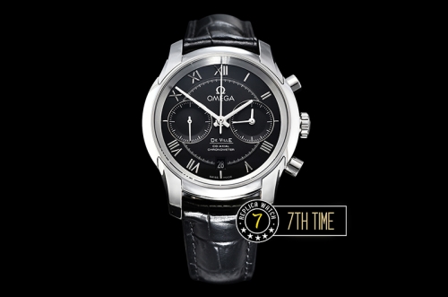 De Ville Chronograph Smooth Bezel Black Dial, Black Subdials with SS Roman Numeral Markers Black Croc Print Calf Leather Strap