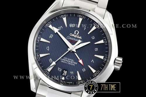Aqua Terra 150M GMT Smooth Bezel Blue Textured Dial with SS Stick Markers Solid Stainless Steel 316F Bracelet