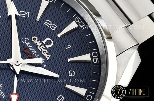 Aqua Terra 150M GMT Smooth Bezel Blue Textured Dial with SS Stick Markers Solid Stainless Steel 316F Bracelet