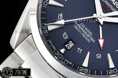 Aqua Terra 150M GMT Smooth Bezel Blue Textured Dial with SS Stick Markers Solid Stainless Steel 316F Bracelet