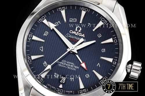 Aqua Terra 150M GMT Smooth Bezel Blue Textured Dial with SS Stick Markers Solid Stainless Steel 316F Bracelet