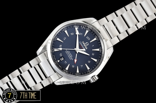 Aqua Terra 150M GMT Smooth Bezel Blue Textured Dial with SS Stick Markers Solid Stainless Steel 316F Bracelet