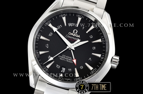 Aqua Terra 150M GMT Smooth Bezel Black Textured Dial with SS Stick Markers Solid Stainless Steel 316F Bracelet